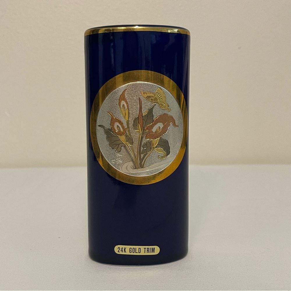 Luxurious Chokin Japan Gold Accented Blue Vase